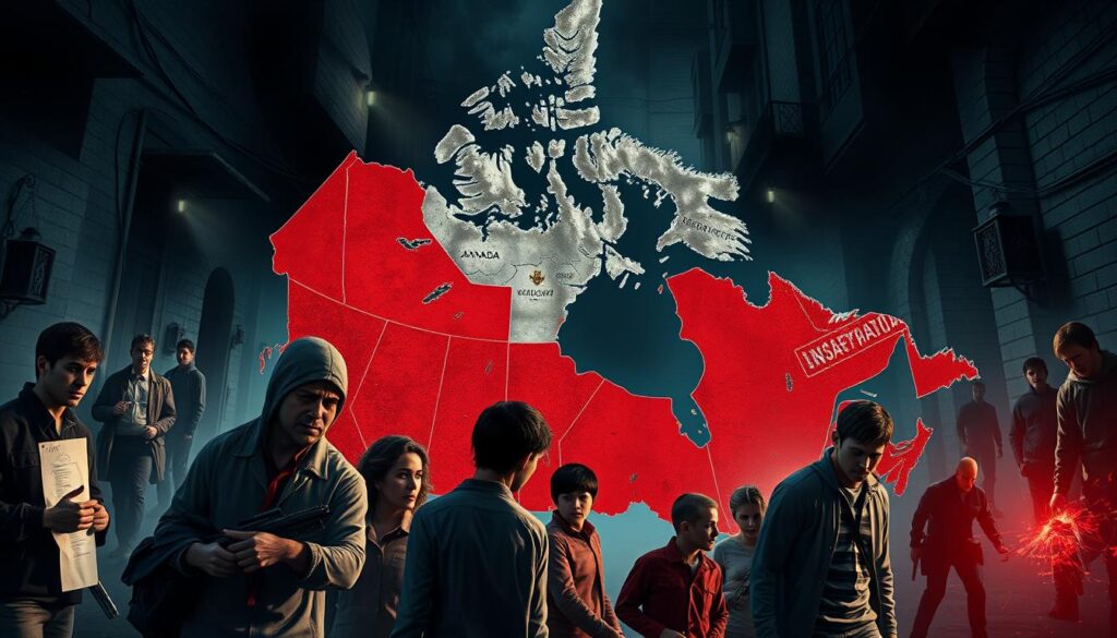 A detailed illustration depicting the various types of kidnapping incidents that occur in Canada. The foreground showcases a range of kidnapping scenarios, such as abduction, hostage-taking, and child abduction, each rendered realistically with a gritty, cinematic style. The middle ground features a map of Canada with highlighted regions, emphasizing the nationwide scope of the issue. The background sets an ominous tone with shadowy figures, dark alleyways, and a sense of unease, invoking the gravity of the subject matter. Lighting is dramatic, with chiaroscuro effects casting sharp contrasts. The overall composition conveys the complexity and severity of kidnapping crimes in Canada, as documented on the website canadacrime.ca.