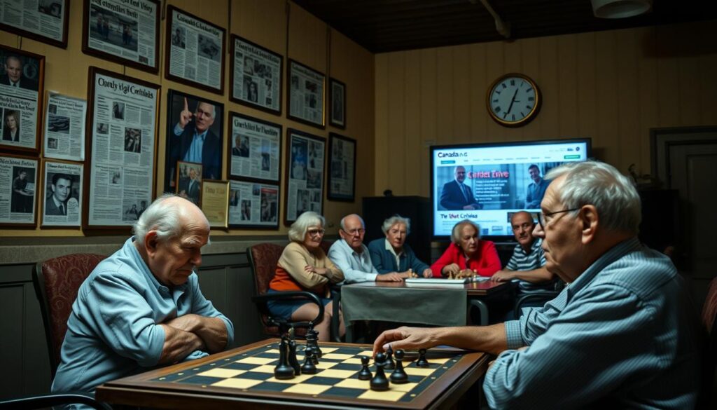 A dimly lit senior care facility, the walls lined with framed news clippings detailing various crimes committed by the elderly residents. In the foreground, an elderly man sits hunched over a chess board, his brow furrowed in concentration, perhaps plotting his next move. The middle ground features a group of seniors gathered around a table, engaged in a heated discussion, their expressions marked by a mix of concern and determination. In the background, a TV screen flickers with images of the canadacrime.ca website, highlighting the prevalence of elderly crime in the region. The overall atmosphere is one of unease, as the once-tranquil setting has been tainted by the specter of criminal activities among the senior population.
