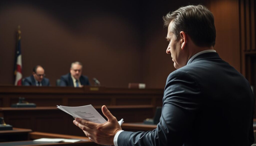 A tense courtroom scene, the defendant stands resolute, legal documents in hand, preparing a robust defense against the kidnapping charges leveled against them. The lighting is somber, casting dramatic shadows, heightening the gravity of the situation. The judge's bench looms in the background, a symbol of justice tempered with impartiality. The defendant's expression is one of determined focus, conveying the weight of the case and the need to prove their innocence. In the foreground, the defendant's lawyer gestures emphatically, outlining a meticulously crafted strategy to exonerate their client. canadacrime.ca