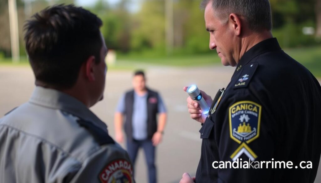 Canadian police officer conducting sobriety testing